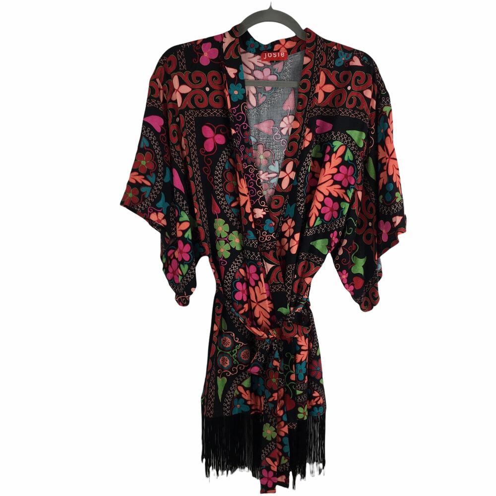 Josie Natori Fringed Floral Kimono Robe Size XS - Picture 3 of 7